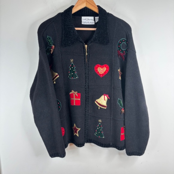 VTG 90s Croft & Barrow Embroidered Christmas Cardigan L Hand Knit Bead Bell Ugly - Picture 2 of 10
